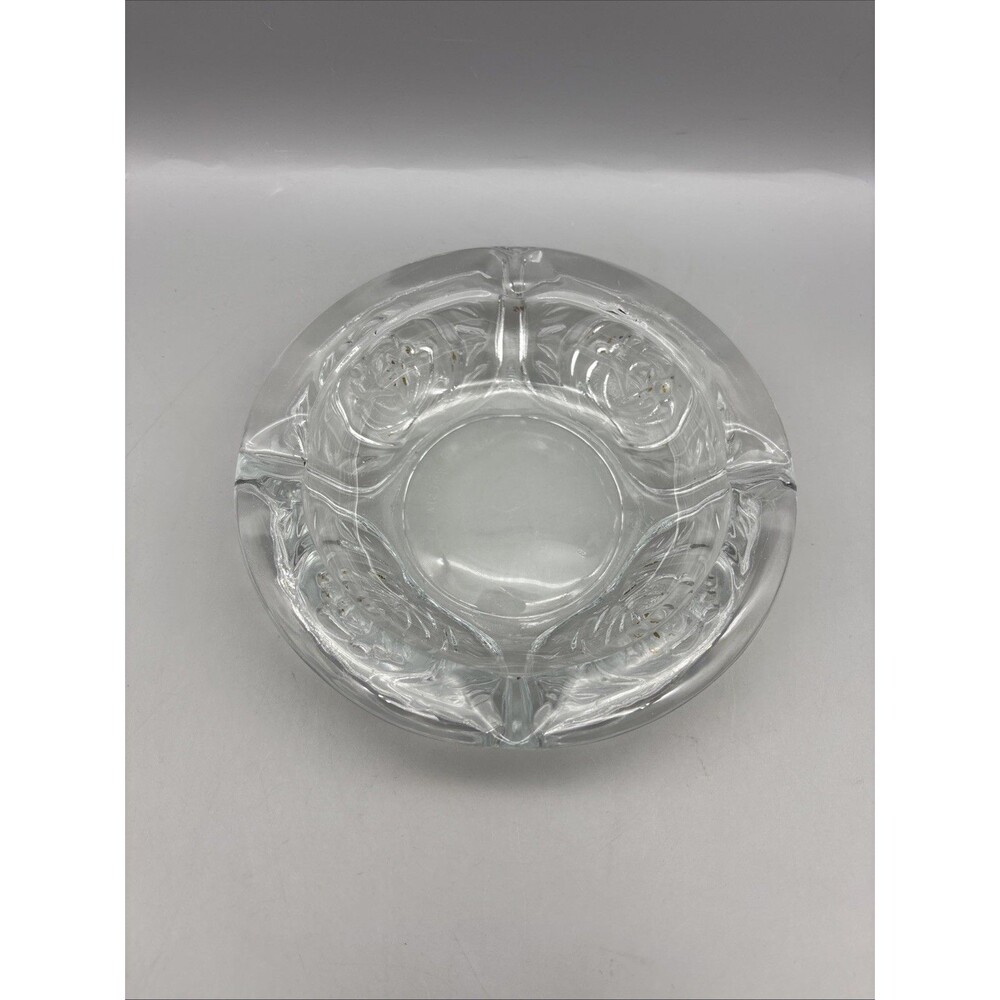 Vintage KIG Clear Heavy Glass Ashtray 6" w/ 4 Slots Embossed Roses Indonesia
